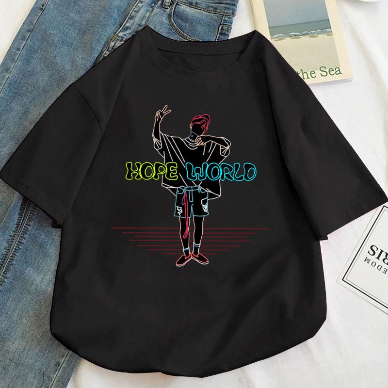

Плюс размер S-5XL Kpop J-hope Hope World Футболка Унисекс Уличная футболка Повседневная футболка с короткими рукавами Homme Хип-хоп Футболки Хлопковая футболка с рисунком 2XL