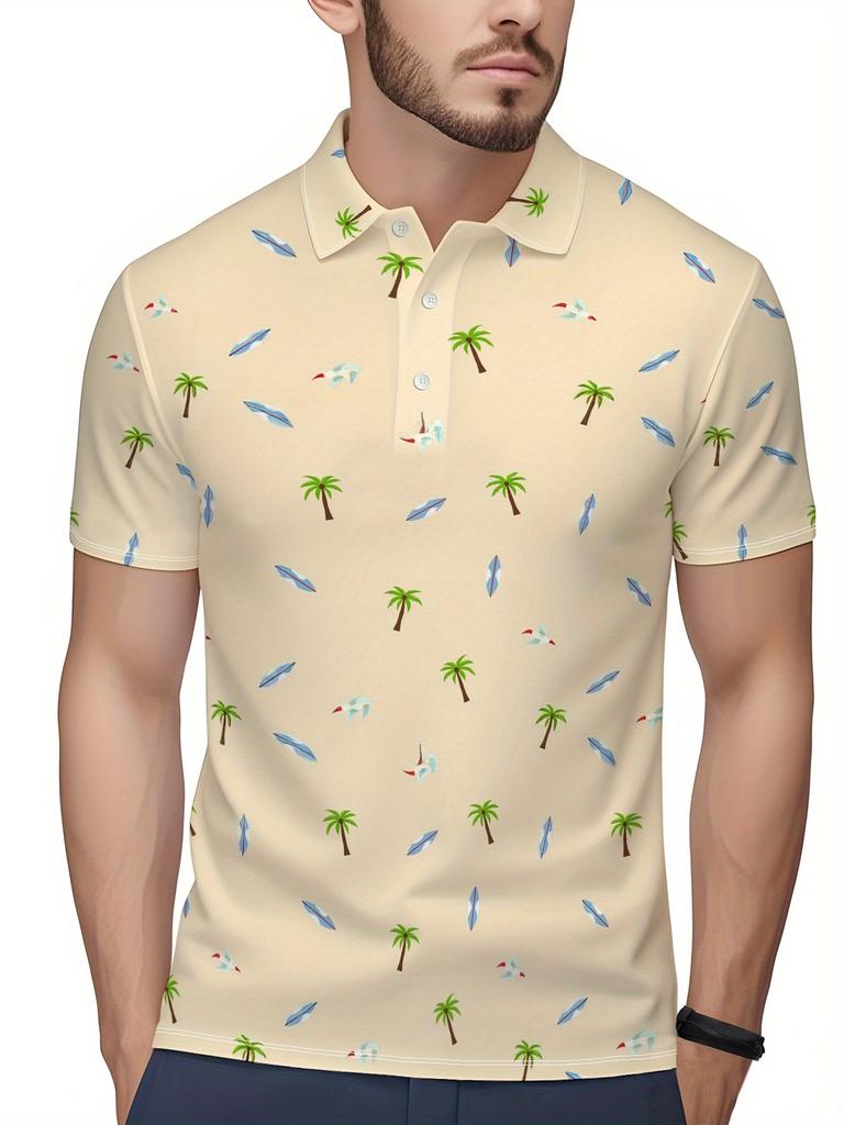 Men'S Short-Sleeve Polo Shirt with Flat Digital Print Pattern - No Texture