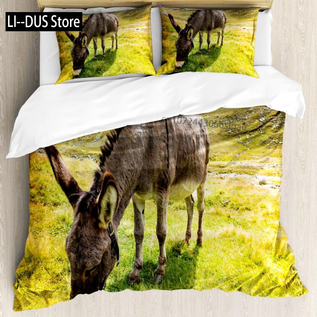 Donkey Duvet Cover Set Cartoon Donkey With HEE Haw Text Funny Domestic Animal Portrait King Size Twin Bedding Set For Kids Teens