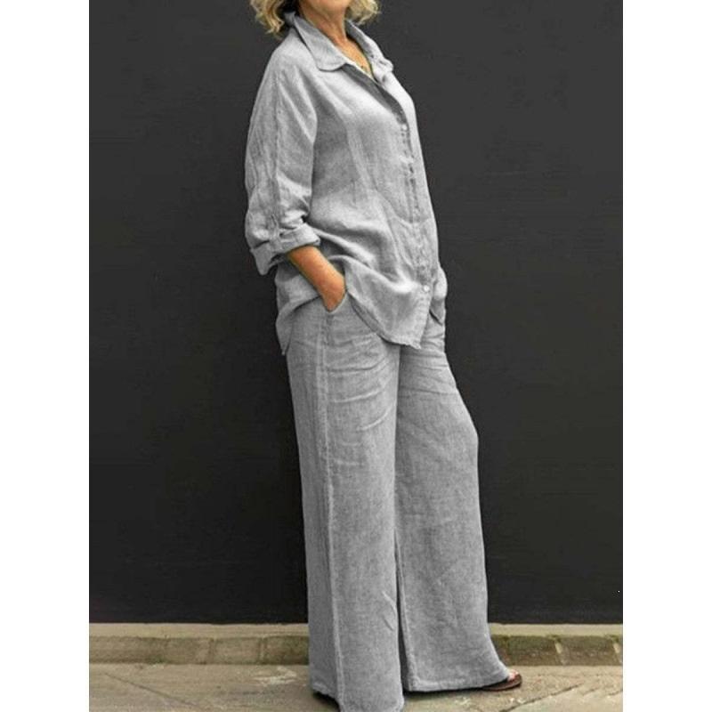 Women's Linen 2-Piece Outfit, Button Down Shirt & Wide Leg Pants Casual Loungewear Set