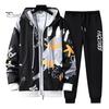 2 Pcs/Set Men Coat Pants Suit Hooded Letter Print Drawstring Zipper Closure Loose Elastic Waist Hip Hop Ankle-banded Men Sportwear