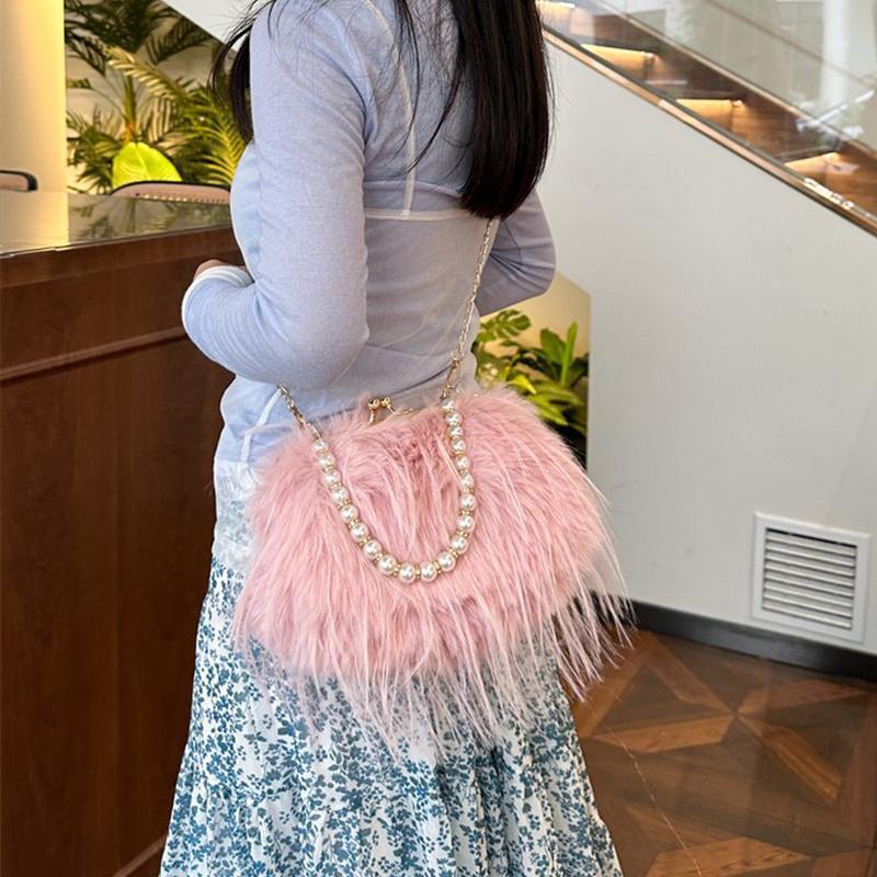 Furry Crossbody Bag with Pearl Handle Fashion Chain Plush Shoulder Bags for Women Soft Faux Fur Evening Party Purse
