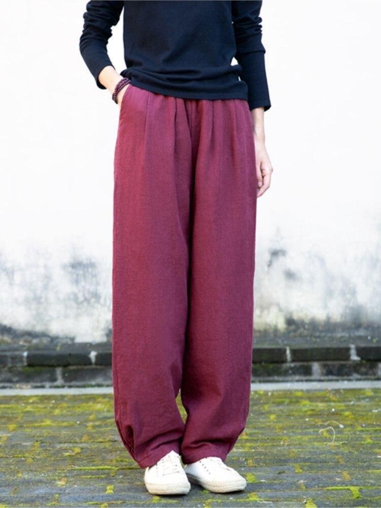 Women Ramie Vintage Thick Warm Pants Autumn Solid Color Elastic Waist Loose Long Pants with Pockets