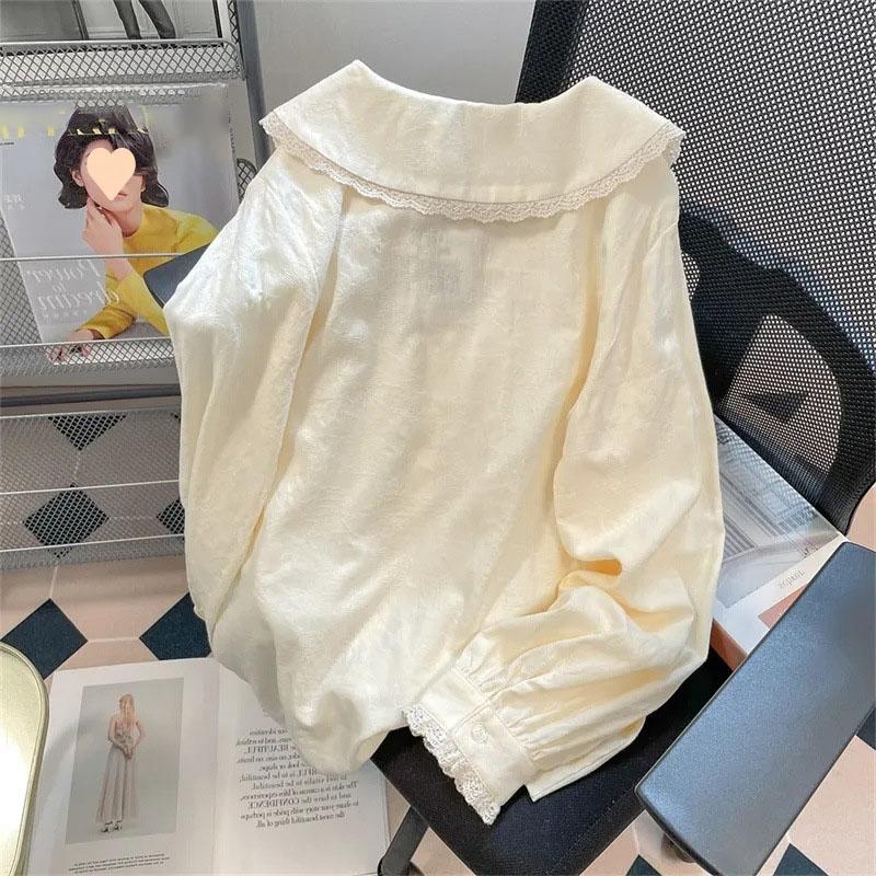 Women Clothing French Style Sweet Doll Collar Lace Shirt Spring Autumn Lazy Style Chic Loose Blouse Fashion Casual Lace-up Top