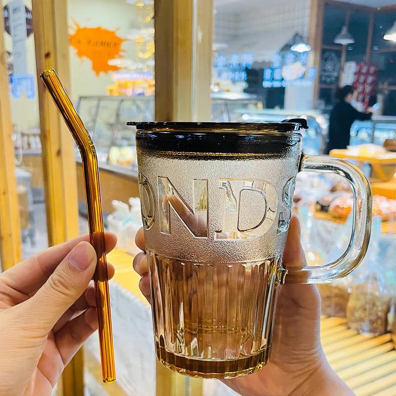 1/3/5PCS Straw Cup Glass Water Cup for Girls Handle with Lid Transparent Embossed Cup Men's New Home Office Milk Glass