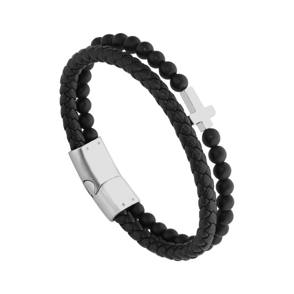 Magnetic Lava Rock Bead Bracelet Leather Cross Bracelet Wristband Christian Bracelet  Faith Gifts Style B