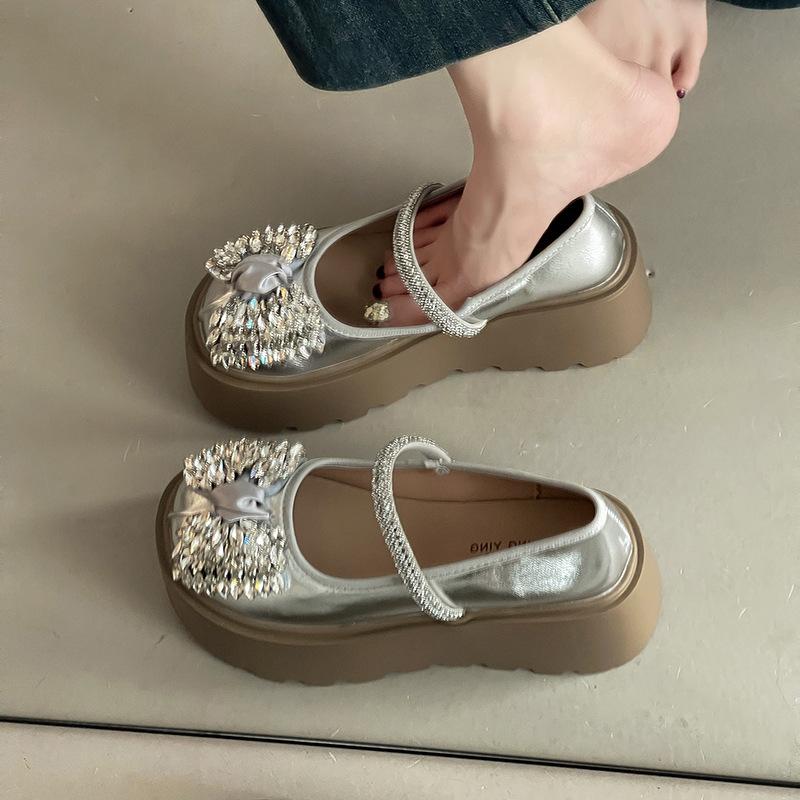 Bow rhinestone one-word buckle Mary Jane shoes women's fashion platform casual height increase single shoes women's shoes
