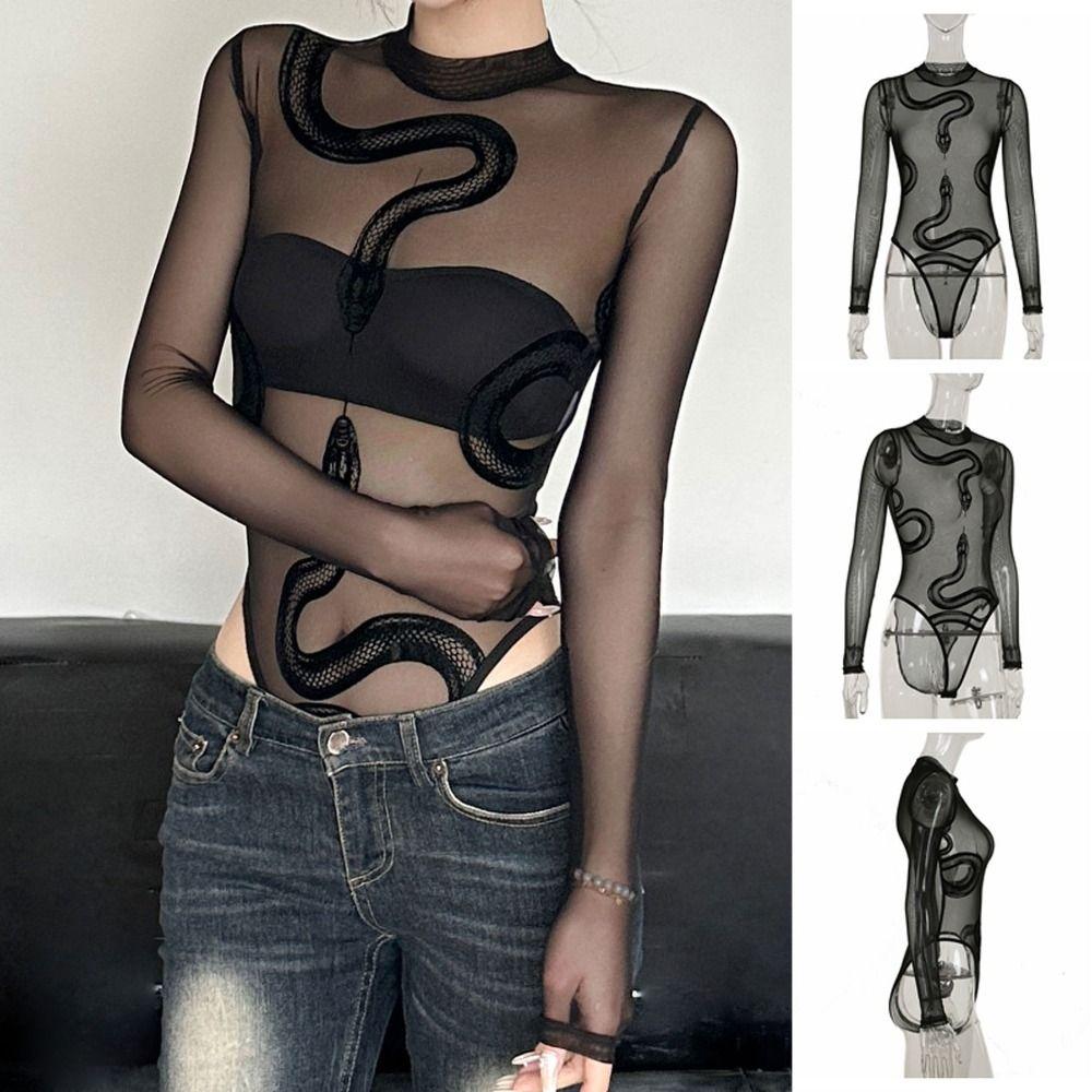 Snake Long Sleeve Lace Jumpsuit Seamless Underwear for Women Patchwork Mesh Thin Shapewear  Gifts