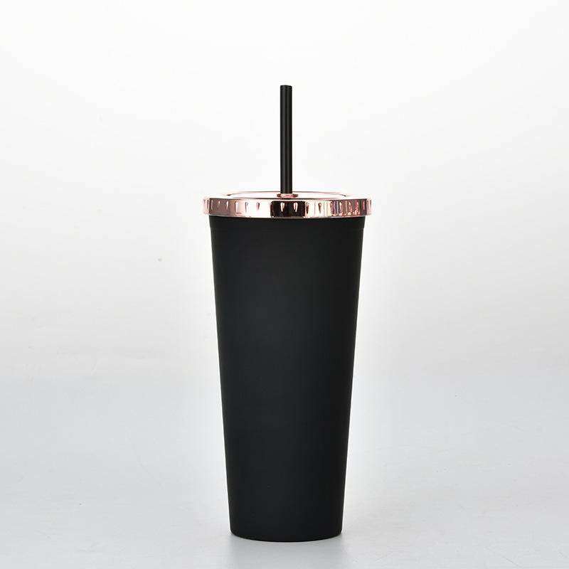 Plastic Water Cup Fashionable Rose Gold Cover Matte Multi-Color Double-Layer Plastic Straw Cup