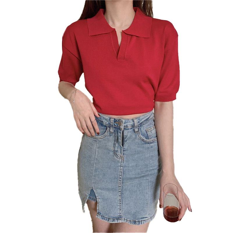 

Женский топ с однотонным лацканом и короткими рукавами, трикотажные топы One Size