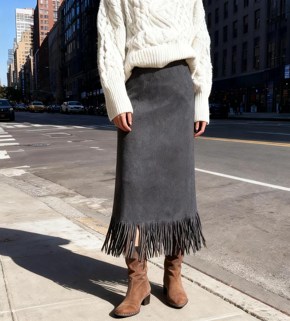 2025 Women's Elegant Tassel Long Suede Plush Skirt - Autumn/Winter Slim-Fit H-Line