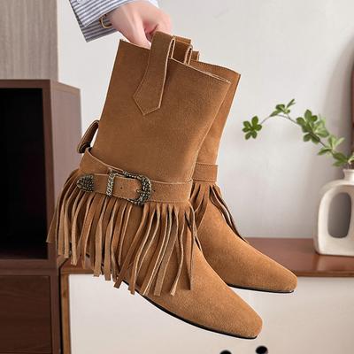 Fashion Vintage Tassels Decor Riding Boots Women 2025 Slip On Buckle Low Heels Mid Calf Boots Woman Pointed Toe Western Stray Botas