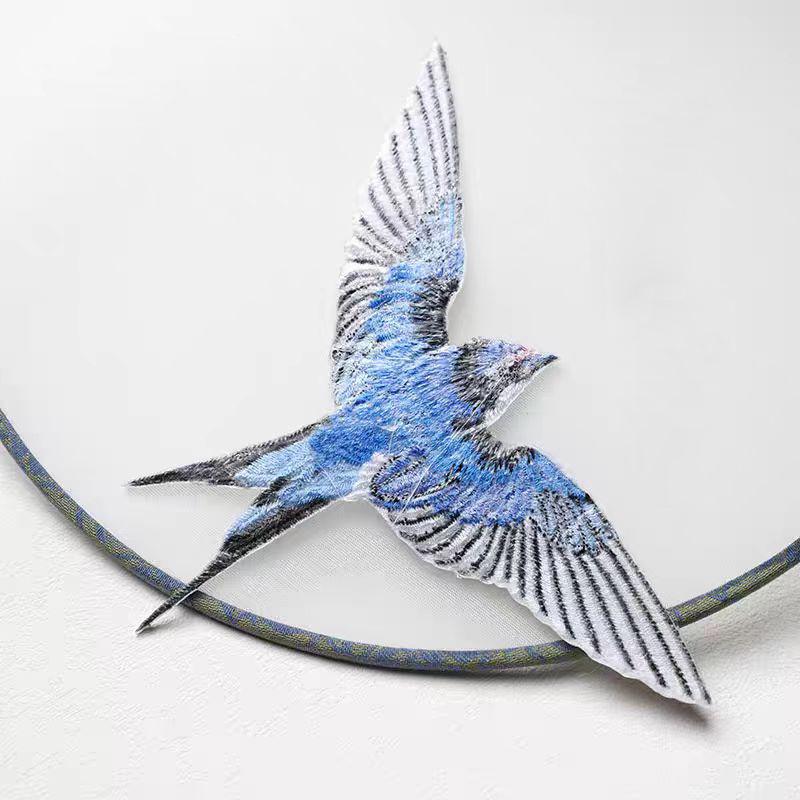 1Pair Blue Swallow Embroidery Patch Multi-Pose Symmetrical Design Iron On Applique For Clothing Hole Repair