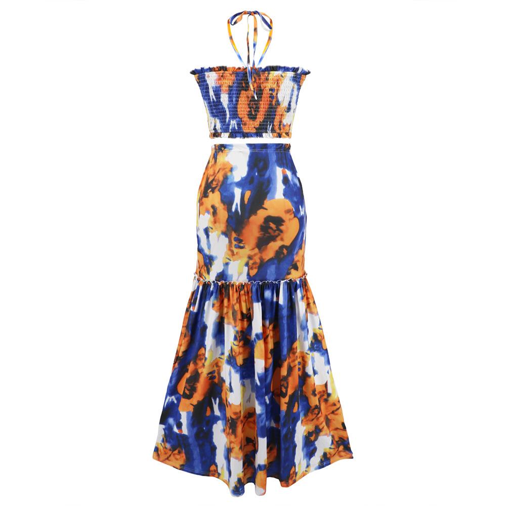 Zweiteiliges Set für Damen, Bohemian-Druck, Kleid, Zopfmuster, hängender Hals, Oberteil, Hüfte, umwickelt, Fischschwanz