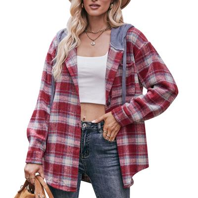 Otoño e Invierno Camisa de Mujer Chaqueta de Franela Chaqueta a Cuadros con Capucha Camisa Casual Top de Manga Larga