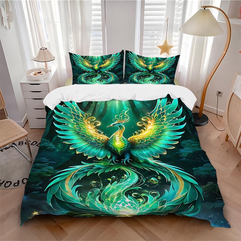 3pcs Enchanted Forest Phoenix Pattern Bedding Three-Piece Set (1 Cover + 2 Pillowcases, No Fillings), This Printed Bedding Set Is Soft and Comfor