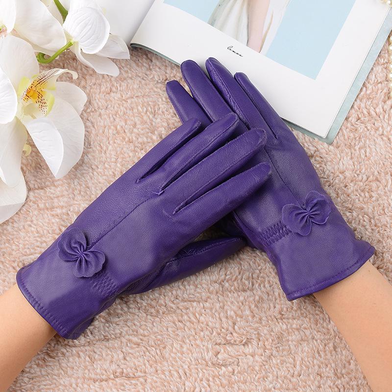 Women's Winter Bow Leather Gloves: Thick Velvet, Windproof, Waterproof, Warm Cycling Gloves