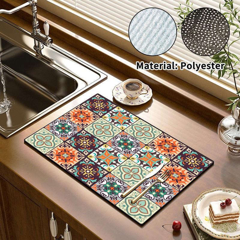 Retro Patterned Kitchen Countertop Mat Restaurant Drain Absorbent Pad Anti Mold Quick Drying Pad Non Slip Placemat Home Decor