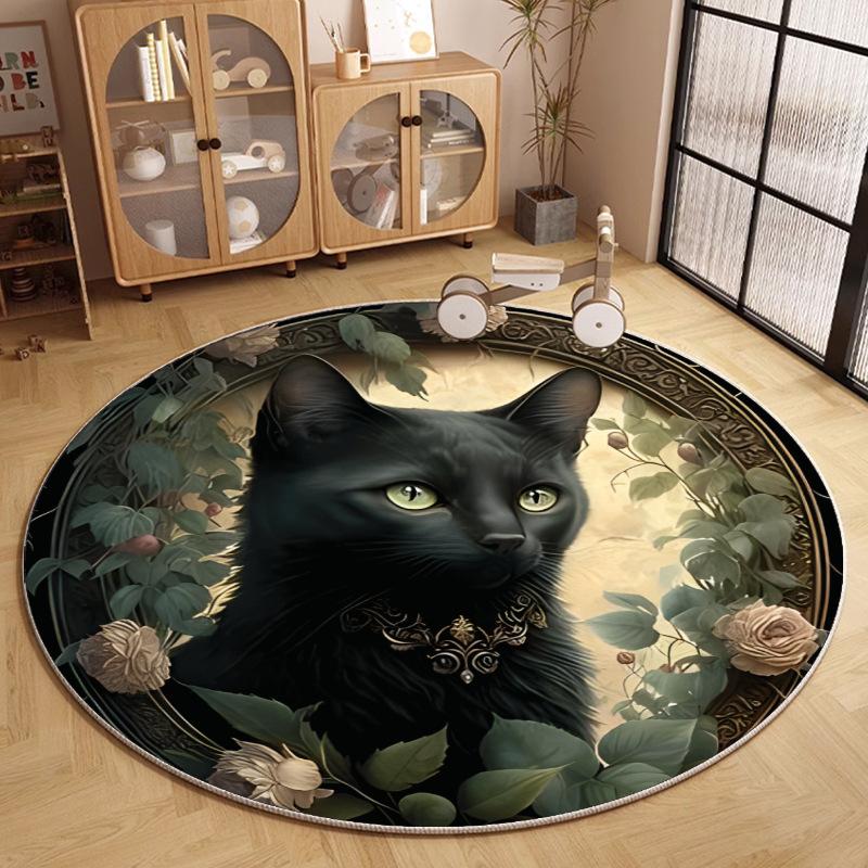 Black Cat Pattern Round Carpet Roses Vines Ornate Design Floor Mat Luxury Vintage Home Decor Rug for Living Room Bedroom