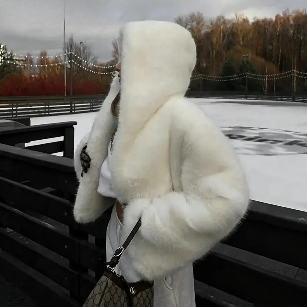 Plus Size Y2k New Winter Warm Pure White Mountain Fashion Hooded Cropped Faux Fur Coat Women Fluffy Eco Fox Fur Jacket Girls Hot Overcoat