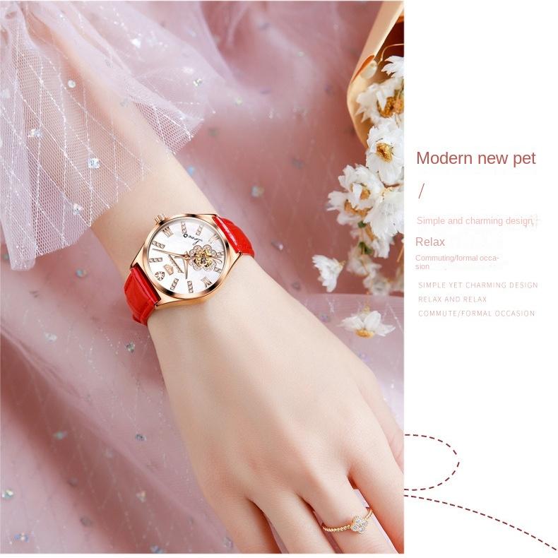 JINSHIDUN Brand Fashion Hollow Inlaid Diamond Four-leaf Clover Mechanical Watch Waterproof Women's Watch