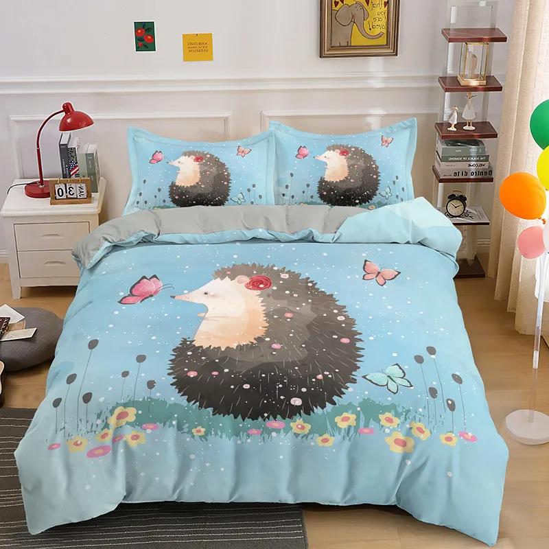 Cartoon Hedgehog Duvet Cover Set With Pillowcase Cute Animal Bedding Quilt Cover Three-Piece Set