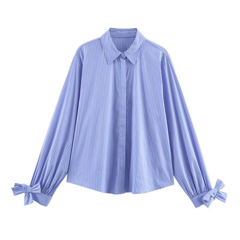 

Za Autumn New Women clothes 2025 Western Style Fashion Loose Long sleeve Bowknot Decoration Poplin Shirts 7969251 Blue Bar L