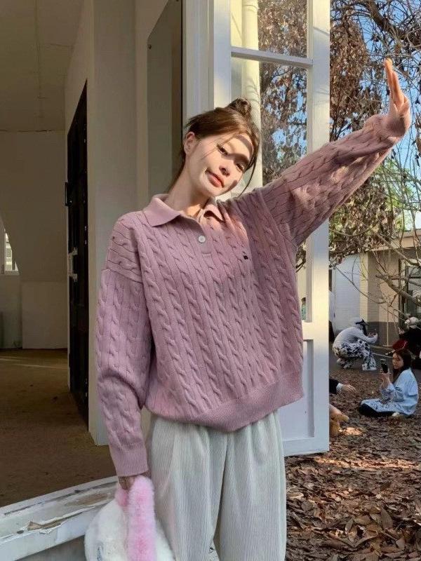 American Retro Polo Collar Sweater for Women - Blue Cable Knit Autumn Winter Top