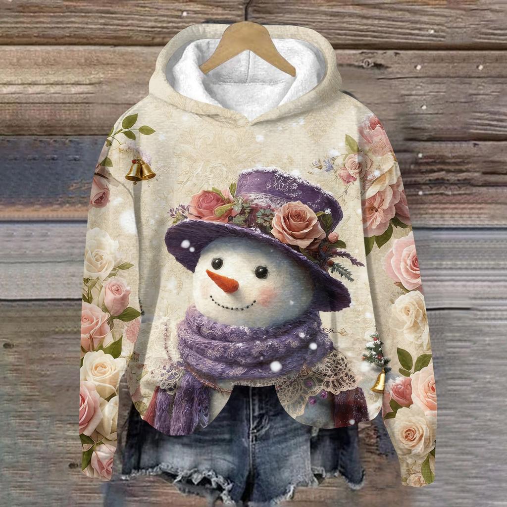 Women's Fashion Long Sleeve Christmas Print Loose Hooded Sweatshirt Top