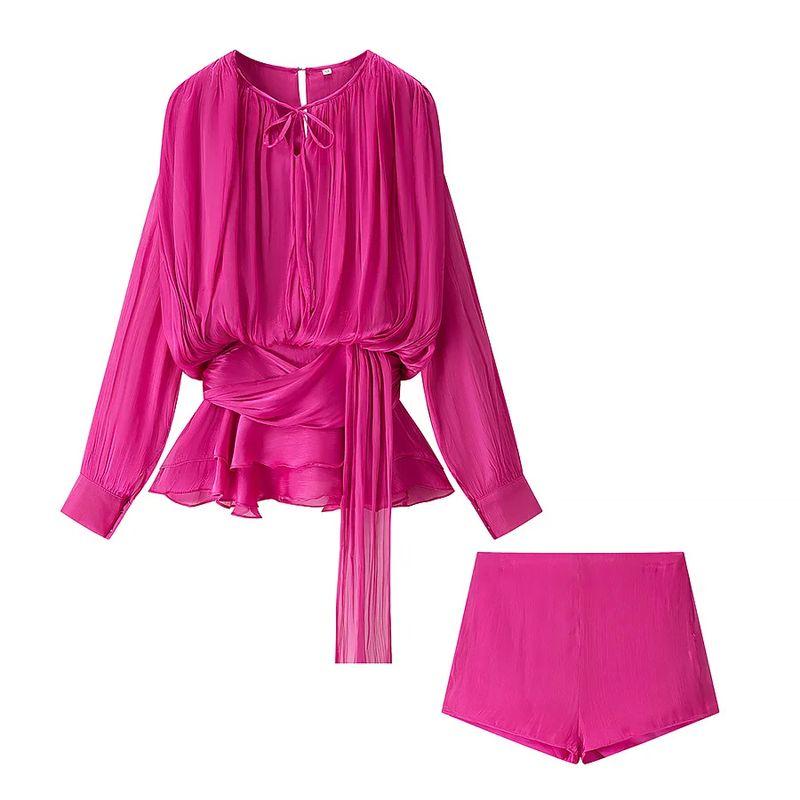 

Summer New Women clothes French style Pleat Ribbon Design Loose round Neck Long sleeve Mesh Top + Shorts Set Rose Red Suit M