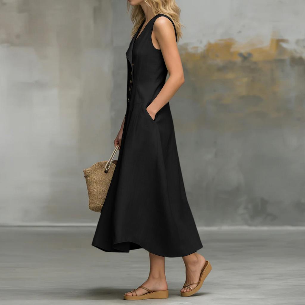 Sleeveless A Line Midi Dress with Asymmetric Button Front and V Neckline for Women Casual Loose Fit Summer Wear