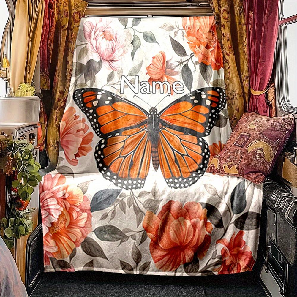 Monarch Butterfly Floral Blanket Personalized Name Soft Comfortable Stylish Blanket Car Blanket Perfect For Travel Camping Outdoor Home Suitable For