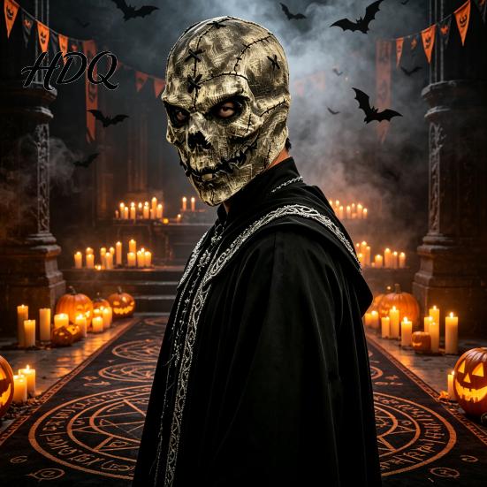 Realistic Latex Face Cushion Horror Skull Masque, Scary Halloween Hood Masque with Costume Accessories Stitched Texture, Creepy Accessory for Cosplay