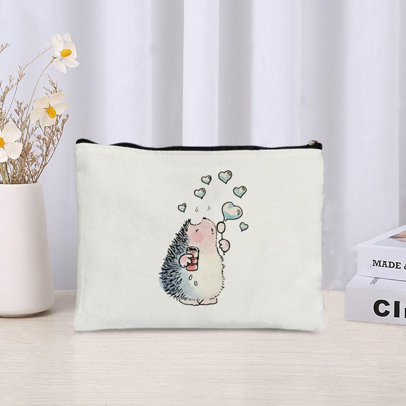 

Cartoon Hedgehog Print Zipper Canvas Bag Organizer Skin Care Products Sundries Storage Cosmetic Bags Cute Stationery Pencil Case