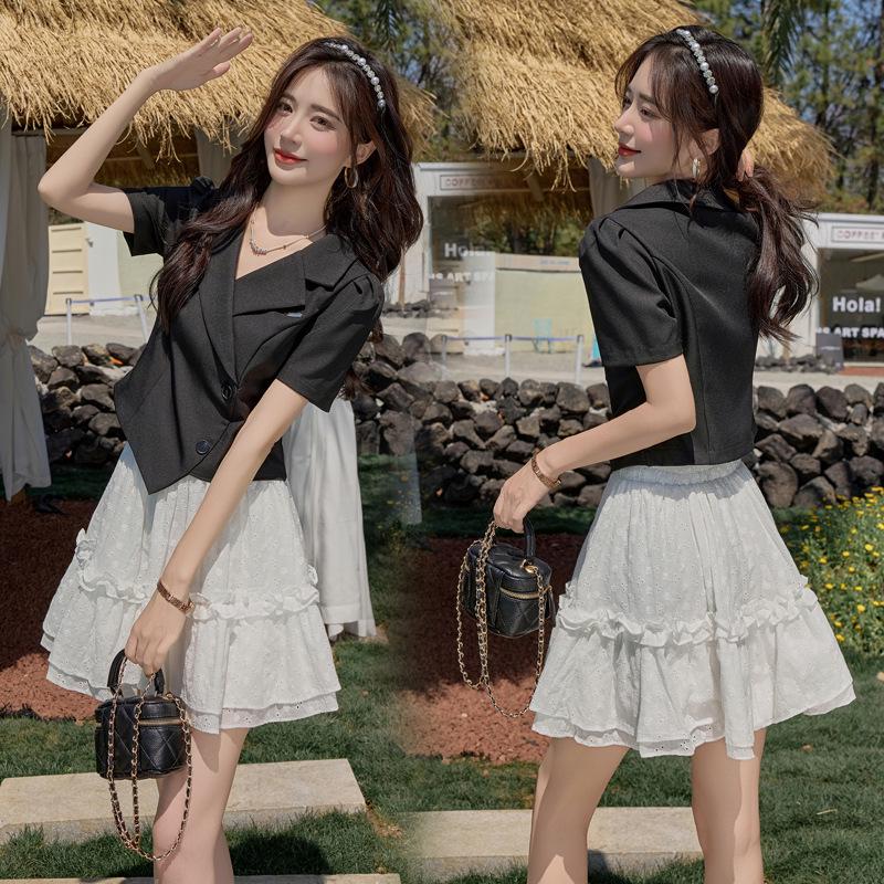 

Стильный женский летний костюм 2025 года: блейзер и юбка миди – дизайн, омолаживающий фигуру (CL82528) L (for 105-115 kg) чёрный