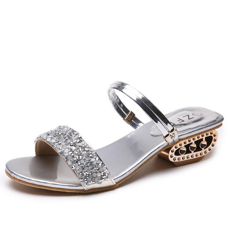 

Cool slippers women s summer rhinestone sequins one word belt wear fashion one shoe two wear sandals women 34 серебряный