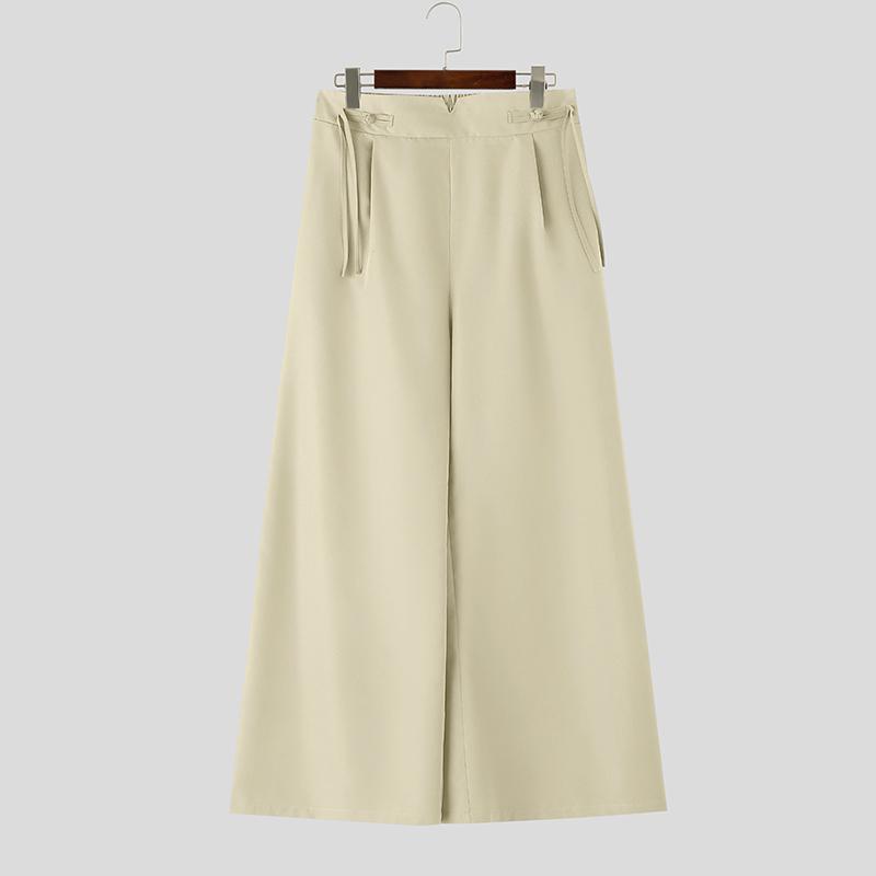 INCERUN Men High Waist Back Elastic Pockets Casual Long Wide Legs Trousers Pants