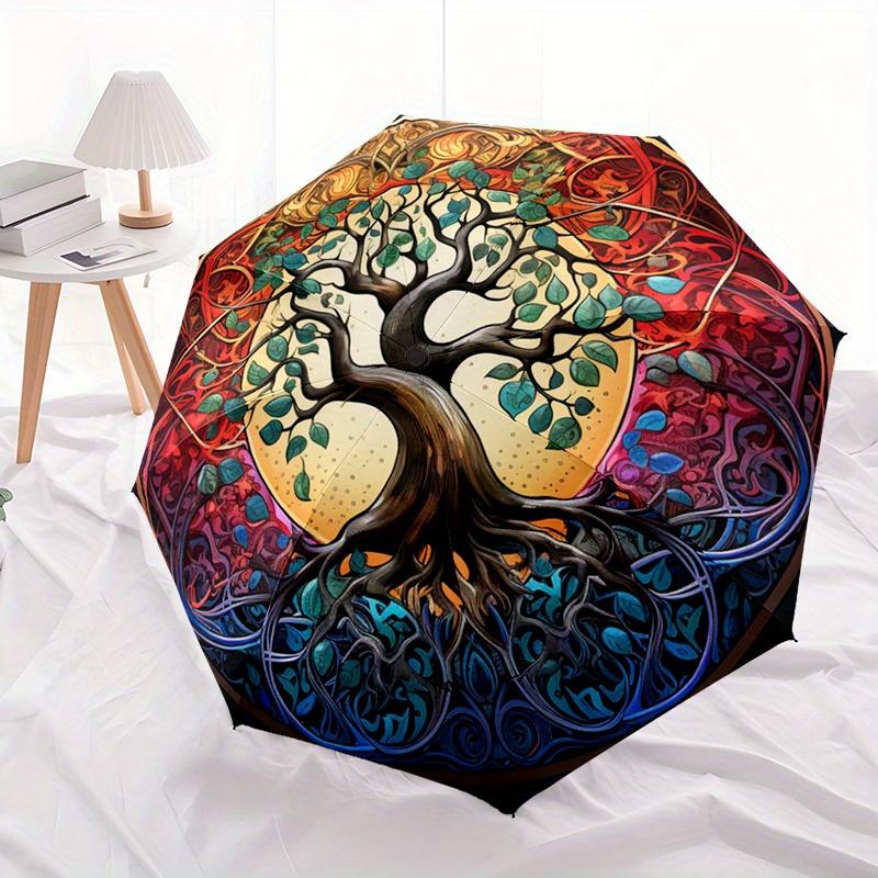 

1pc Colorful Tree Design Automatic Portable Folding Umbrella with Durable Iron Frame and Plastic Handle, Suitable for All Seas (as the picture,Iron&8K)