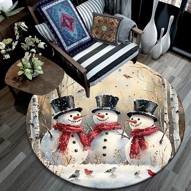 Forest Snowman Round Area Rug,Carpet Rug for Living Room Bedroom Sofa Playroom Decor,Non-slip Floor Mat