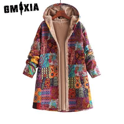 Damen Vintage Casual Print Herbst Winter Hoodie Baumwolle Langarm Jacken & Mäntel