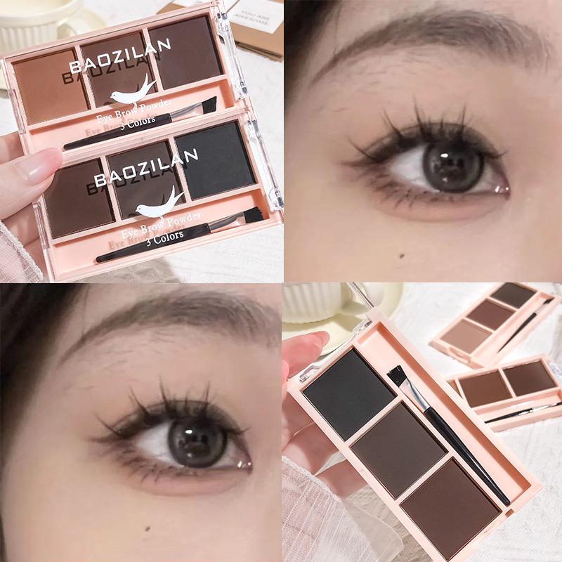 Baozhilan Tri-Color Eyebrow & Blush Palette with Brush - Natural Look, Nose Shadow, Highlight & Contour for Beginners, Easy Application.