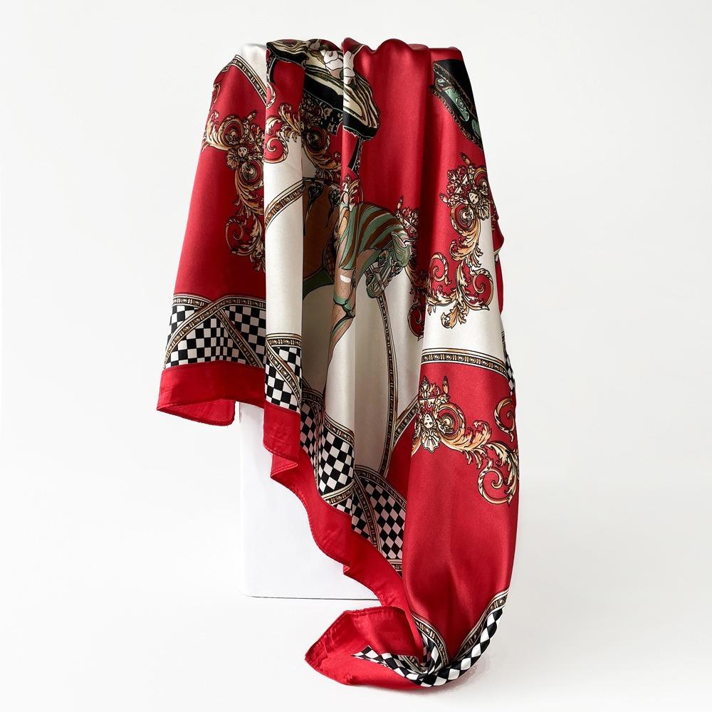 Square Scarf for Women's Imitation Silk Scarf Mother Gift Satin Color Tick Scarf Digital Printing Breathable Versatile Sun Protection