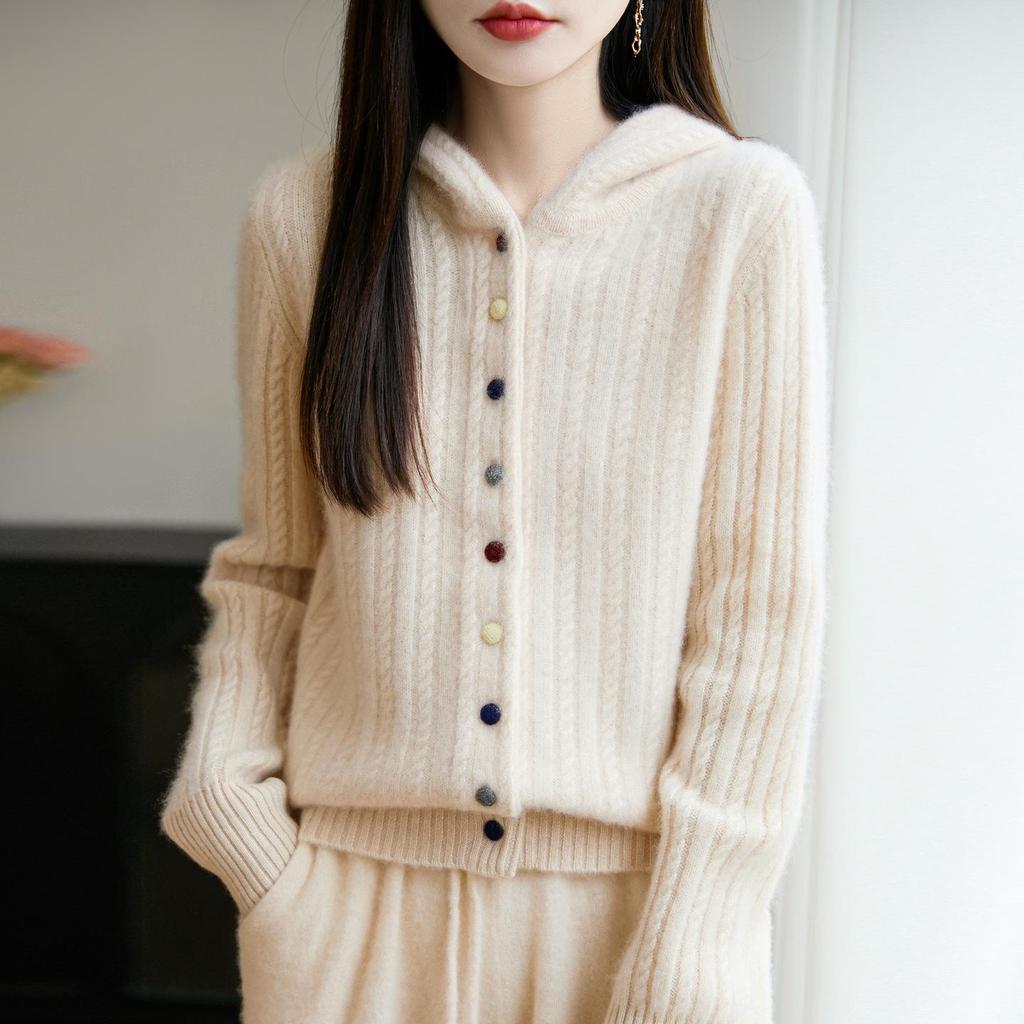 Damen Dicke Wolle Kapuzenstrickjacke - Herbst/Winter Locker gestrickter Pullovermantel