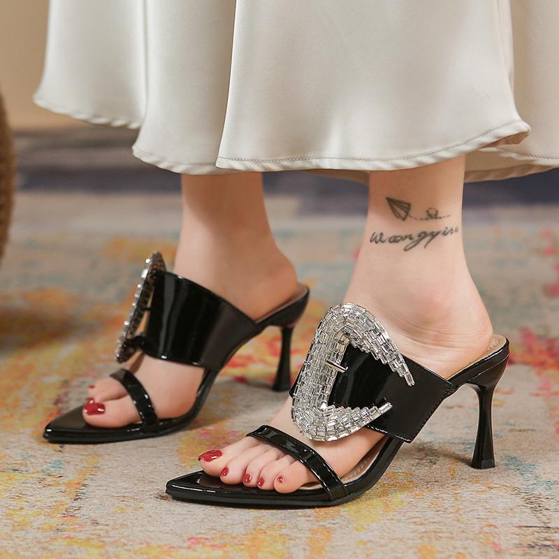 Fashion New Summer One-Line Rhinestone Buckle High Heels Women's Stiletto Pointed Toe Open-Toe Patent Leather Non-Slip Slippers