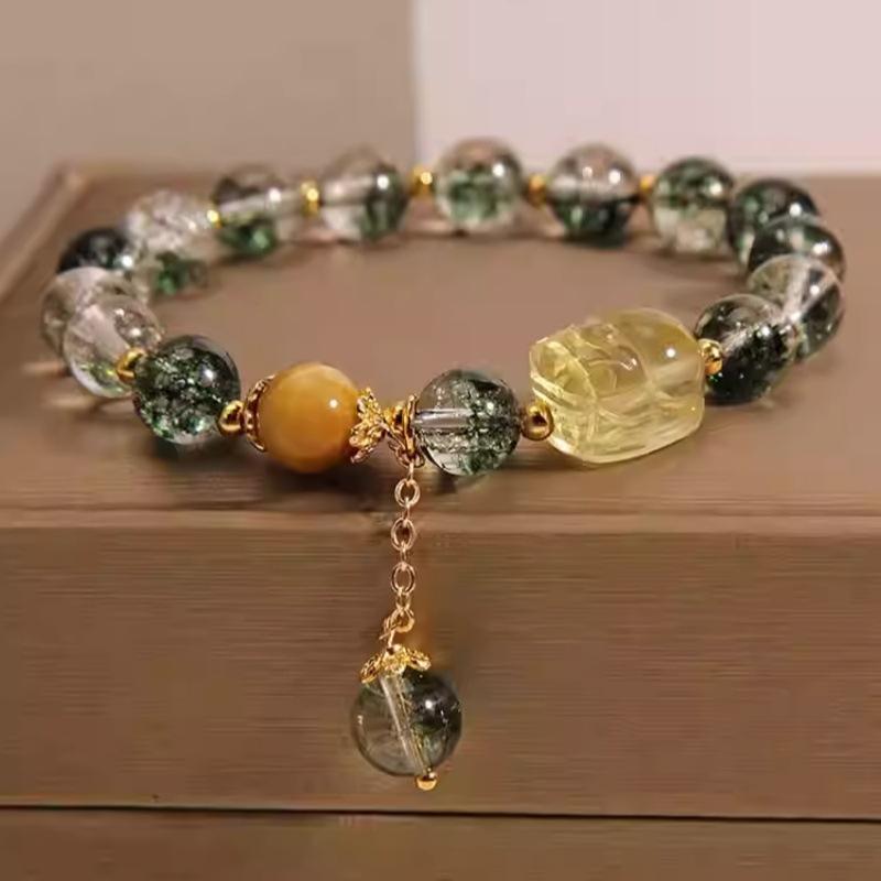 Cherry Blossom Green Populated Crystal Bracelet for Women, Natural Yellow Crystal Pixiu Jewelry, High-Value Gift Bracelet