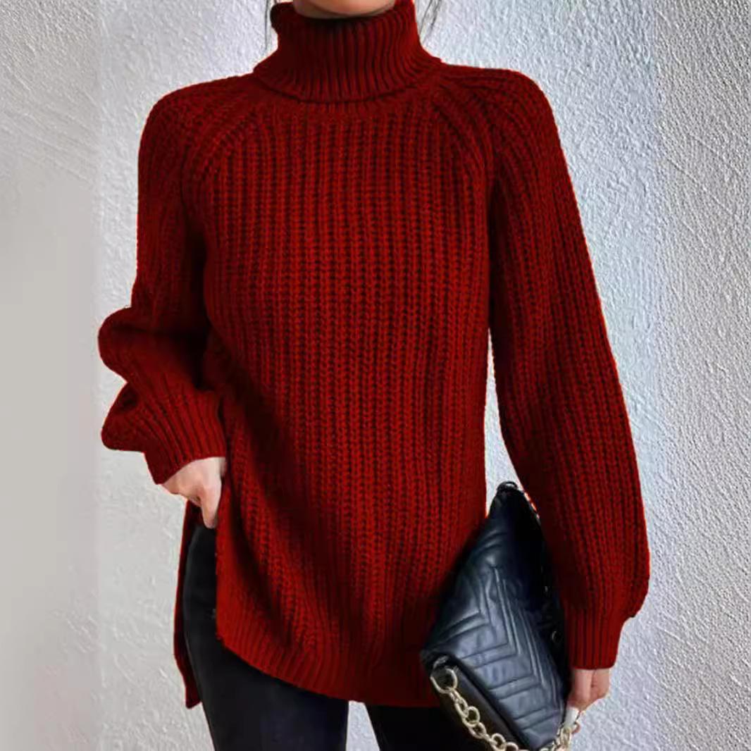 

Autumn Winter Soft Knit Fashion Raglan Long Sleeve Turtleneck Split Sweater Casual Warm Solid Color Medium Length Pullover 2XL