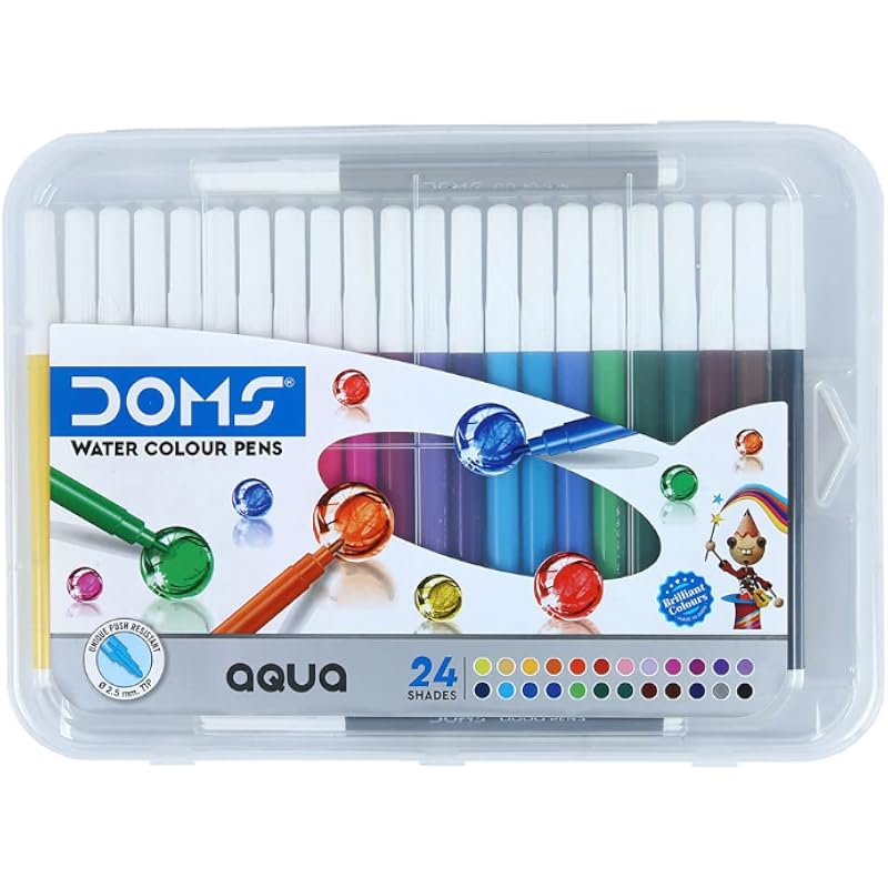 Doms Aqua 24 Shades Watercolour Sketch Pen Set | Unique Push Resistant Tip With Bright & Intense Colors | Non-Toxic & Sa