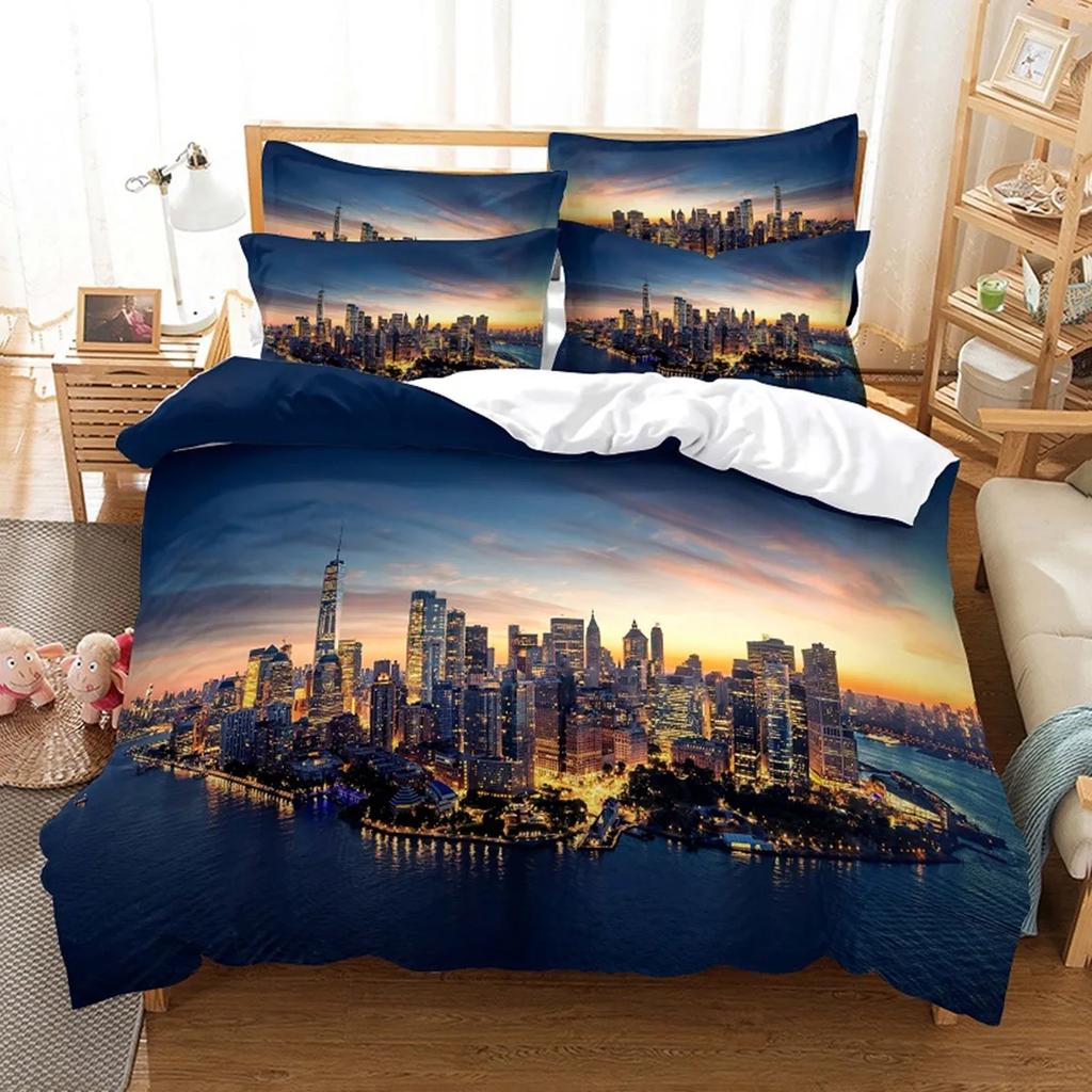 New York Bettbezug NYC Bettwäscheset Bedruckter Bettbezug Bequem Atmungsaktiv Luxus Baumwolle Steppdecke Kissenbezug Einzel KingQueen