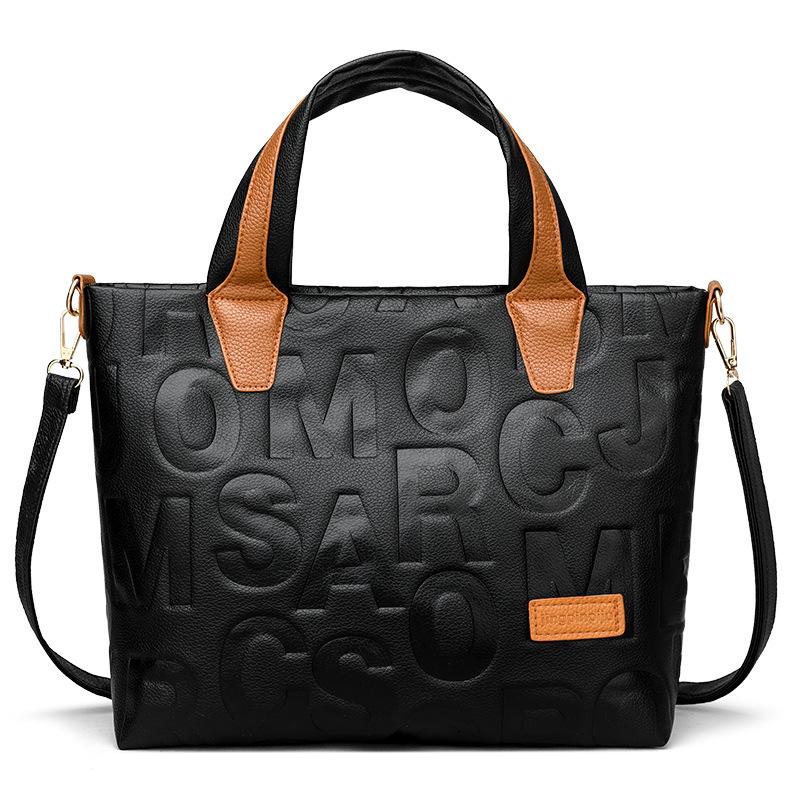 Trendy taška tote s elegantním nápisem a embosovanou evropskou a americkou módou, velkokapacitní taška přes rameno