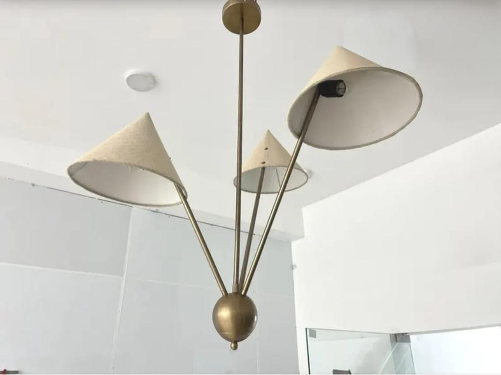 3 Light Fabric Shades Pendant Mid Century Modern Raw Brass Sputnik Chandelier Light Fixture